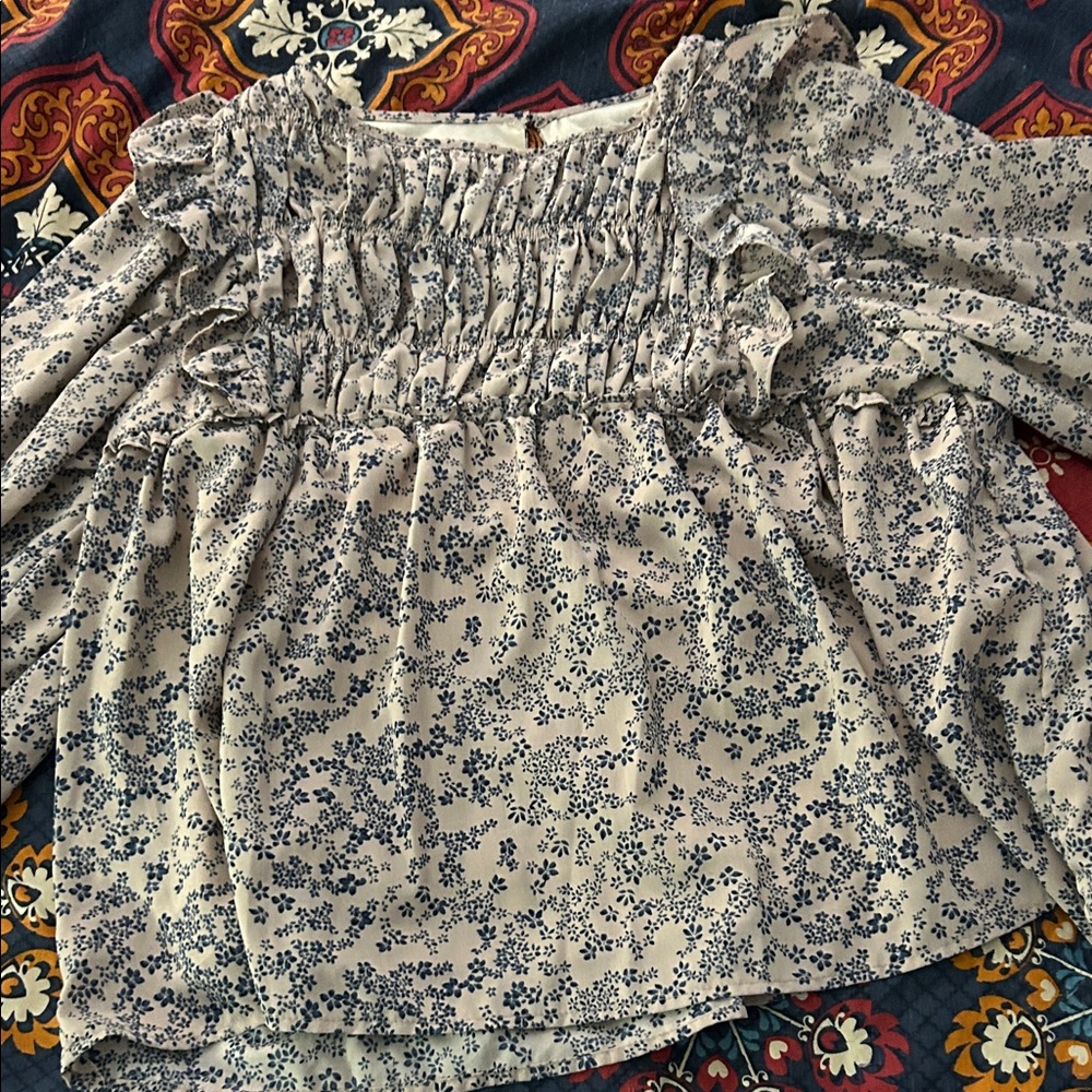Elegant Floral Ruffle Blouse in Blue and White
